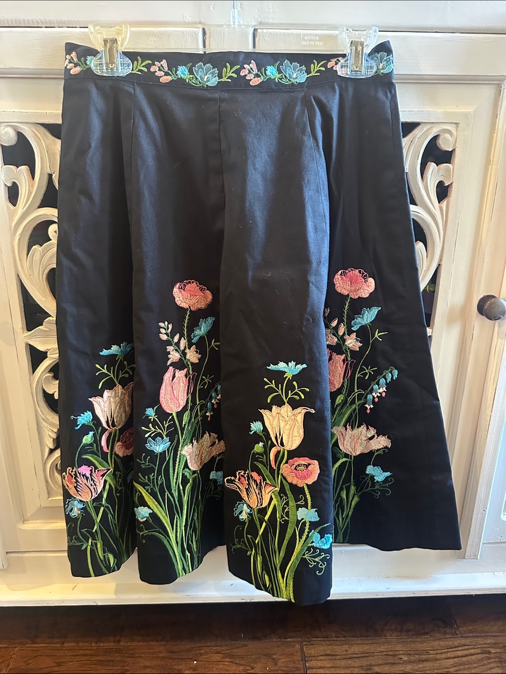Persaman New York Black Skirt with Pink, Blue & Cream Floral Embroidery